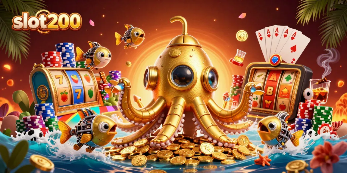 Experience the excitement of slot200 with a vibrant 3D kraken scene revealing dazzling slot reels and treasures.