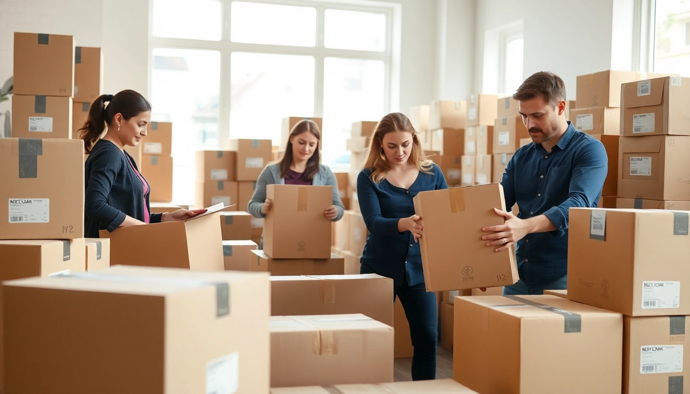 Professional Packing Services team carefully packing items in a well-lit room.