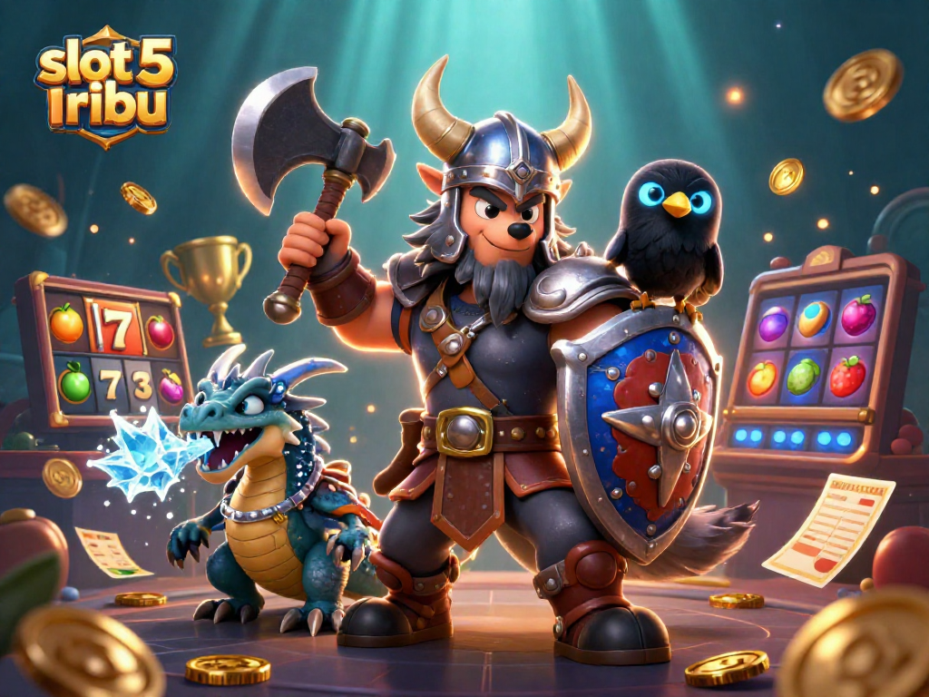 Experience slot 5 ribu excitement with 3D Viking warrior and ice-breathing dragon in action.