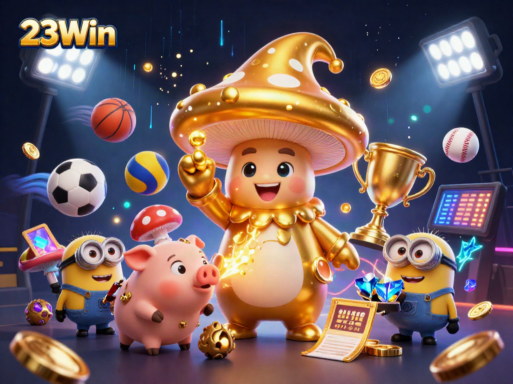 Immerse in thrilling action with 23Win as the golden mushroom wizard conjures winning magic in this vibrant casino scene.