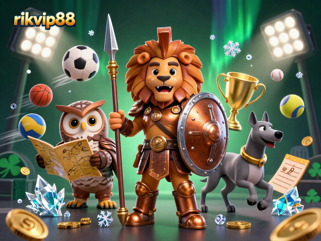 Experience the thrilling dynamics of rikvip88 with a vibrant 3D illustration featuring a Spartan lion, owl strategist, and greyhound amidst sports elements.