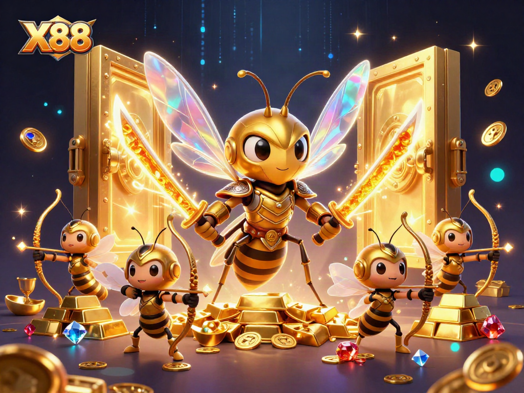 X88 showcases thrilling casino action with a 3D golden hornet samurai, capturing the excitement of gaming.