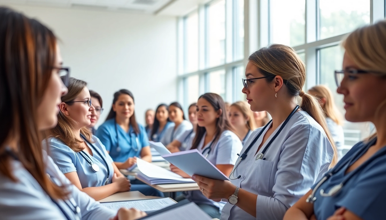 Engaged students in person NCLEX review in Houston, focusing on collaborative learning in a bright setting.