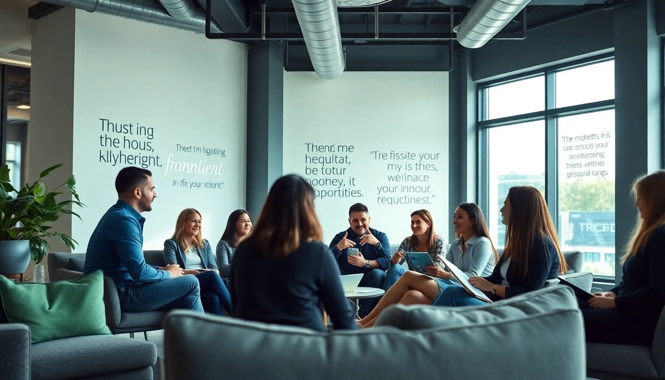 Recruiting agencies team collaborating in a modern office, showcasing professionalism and diversity.