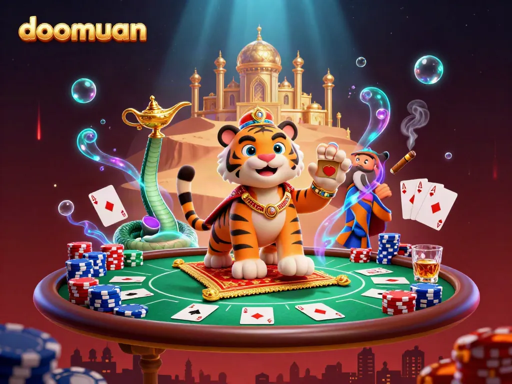 Experience the thrill of doomuan with a dynamic Arabian-themed casino scene featuring vibrant poker elements.