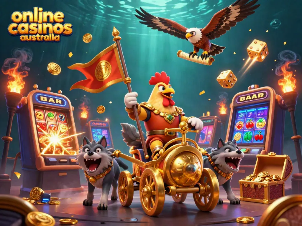 Experience the excitement of online casinos Australia with a dynamic 3D scene of casino games and characters.
