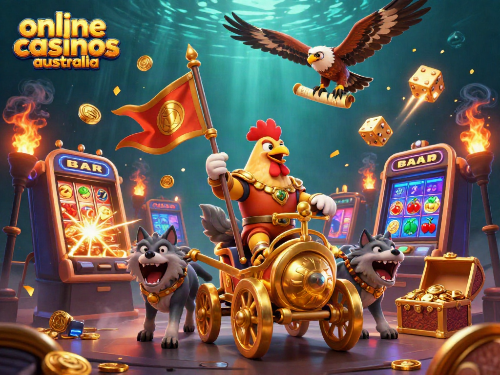 Experience the excitement of online casinos Australia with a dynamic 3D scene of casino games and characters.