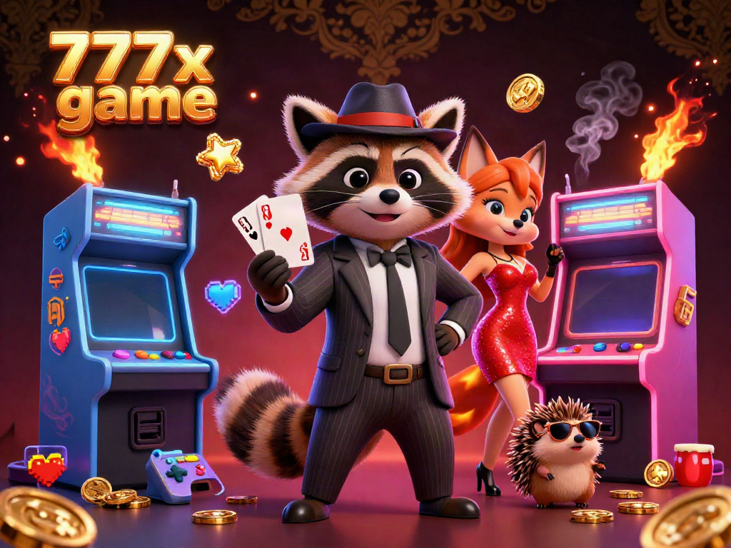 Engage in high-stakes fun with the 777x game, featuring a suave raccoon and friends in a vibrant casino scene.