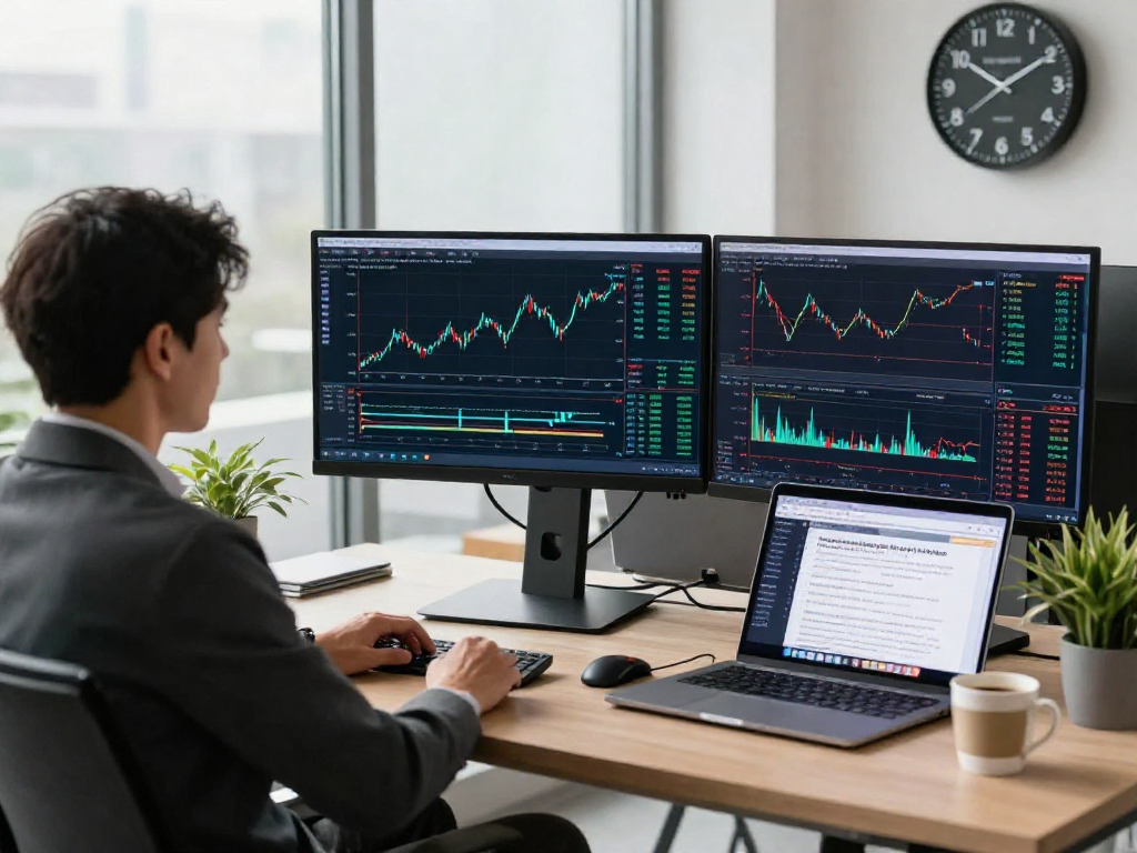 使用 metatrader 5 进行交易分析的现代办公空间,展示专业人士在高科技工作站前的专注时刻。