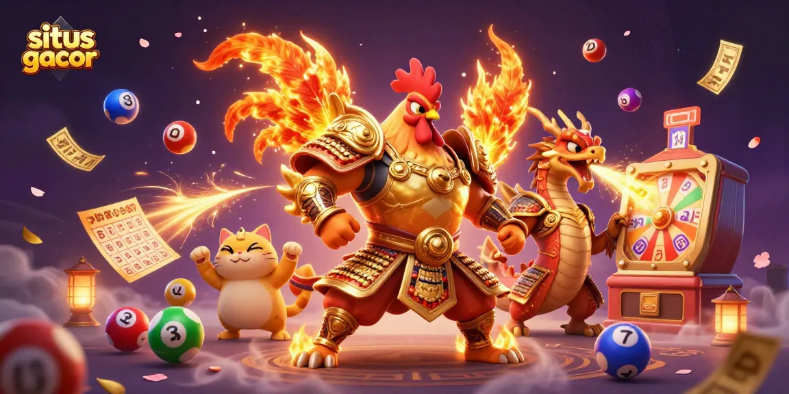 Engage with situs gacor featuring a cartoon rooster warrior amidst colorful lottery elements, electrifying energy!