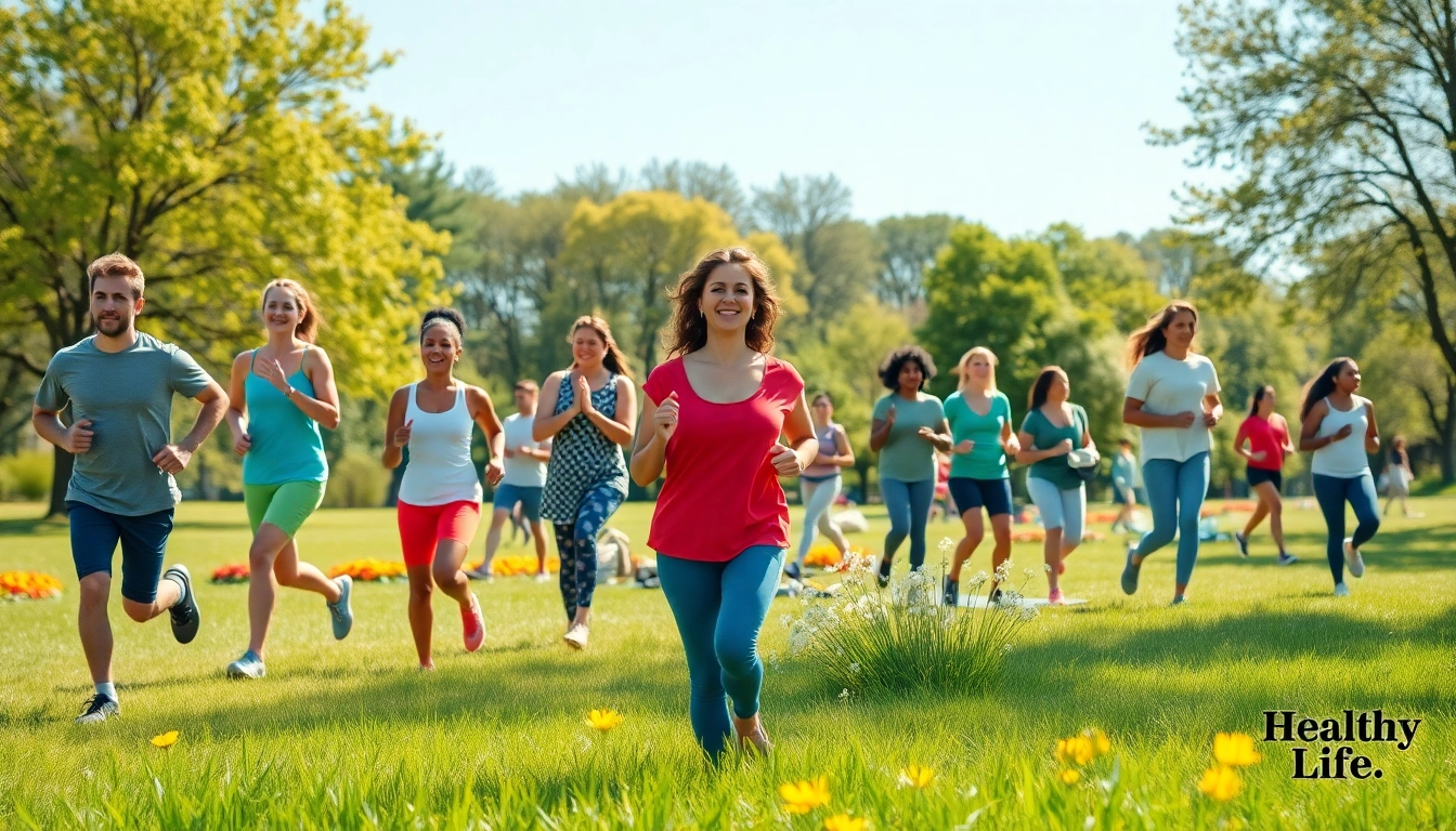 Embrace a healthy life with diverse wellness activities in a vibrant outdoor scene.
