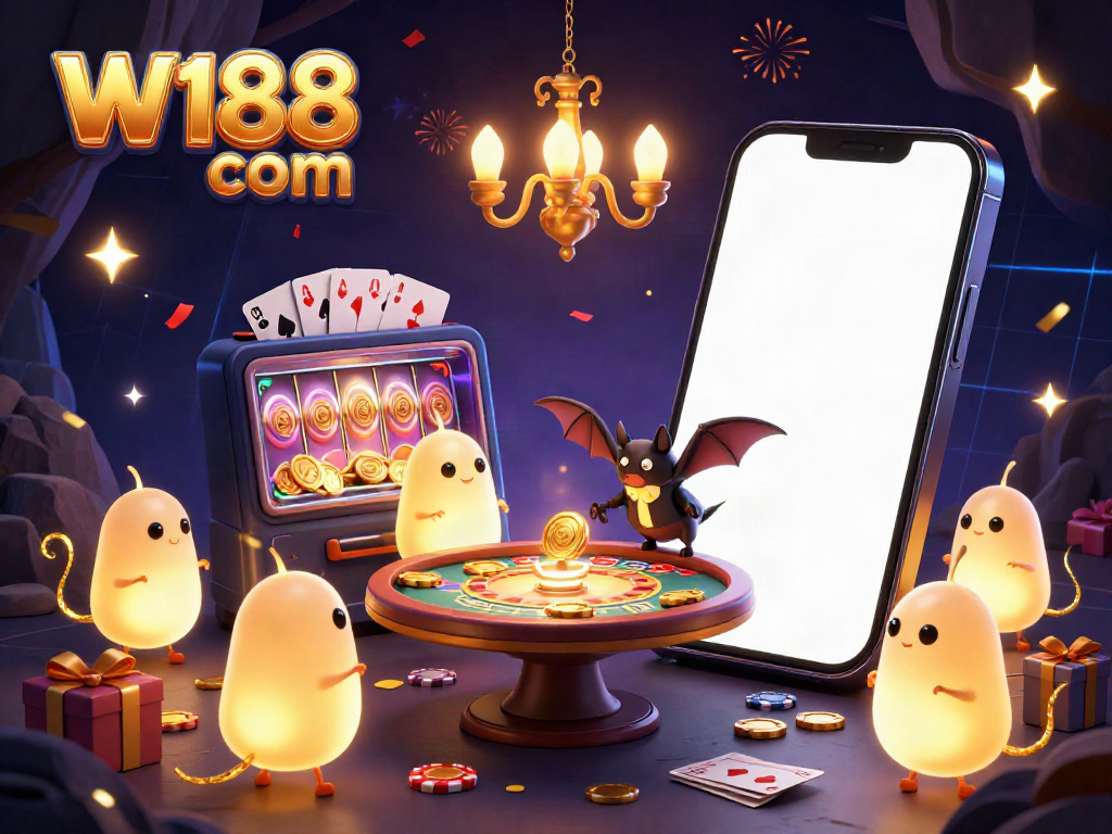Experience thrilling gameplay with W188 com in a vibrant cave casino illuminated by glowing characters.