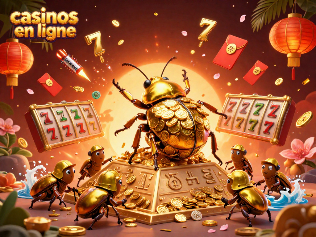 Explorez les casinos en ligne avec un scarabée doré et des éléments de jeu captivants.