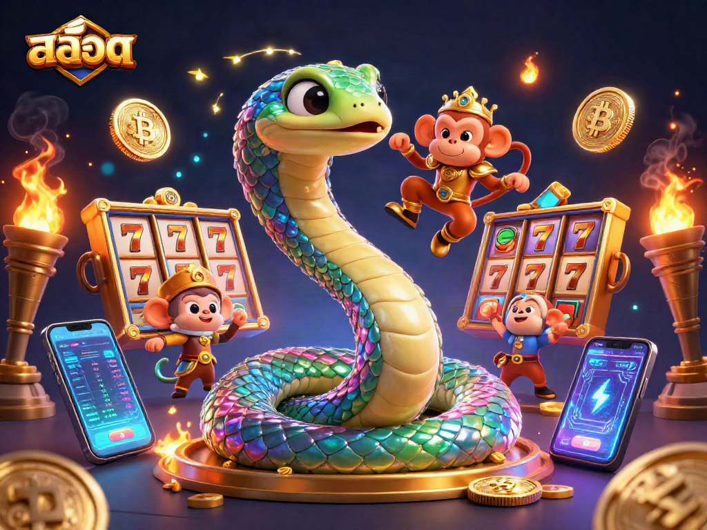 Engage in สล็อต gaming with a vibrant scene of a rainbow serpent and monkey king amidst jackpot reels.