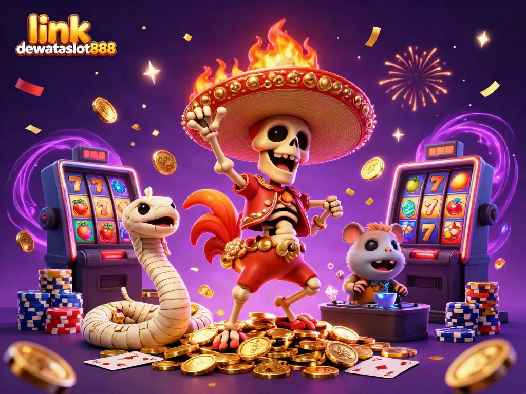 Permainan slot menarik di link dewataslot888 dengan karakter 3D ceria dan suasana kasino yang meriah.