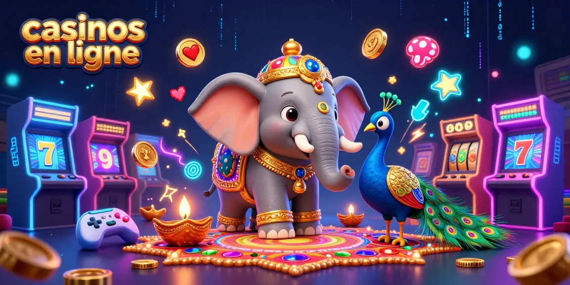 Gagnez aux casinos en ligne avec ce visuel d'illustration dynamique rempli de jeux et de lumières.