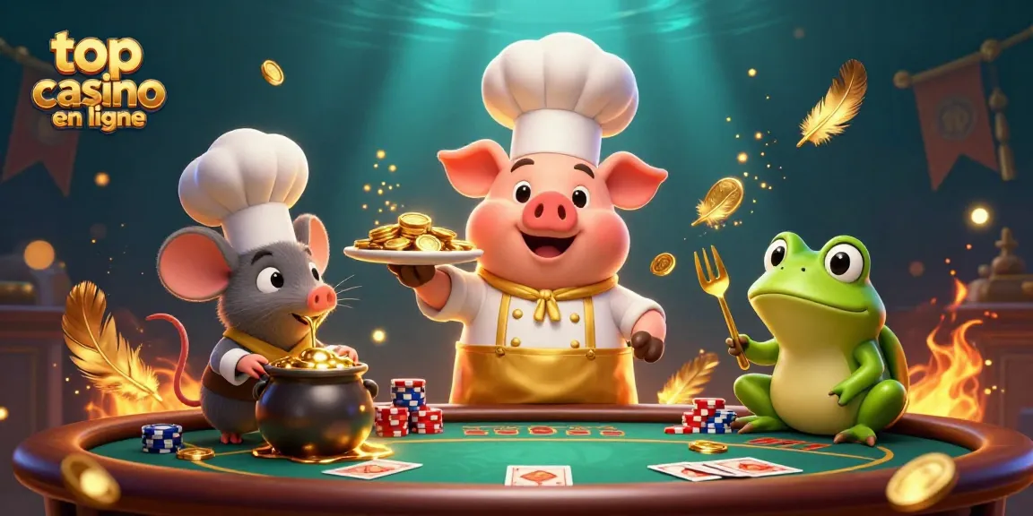 Visitez le meilleur casino en ligne avec une illustration de chef et des jetons de poker.