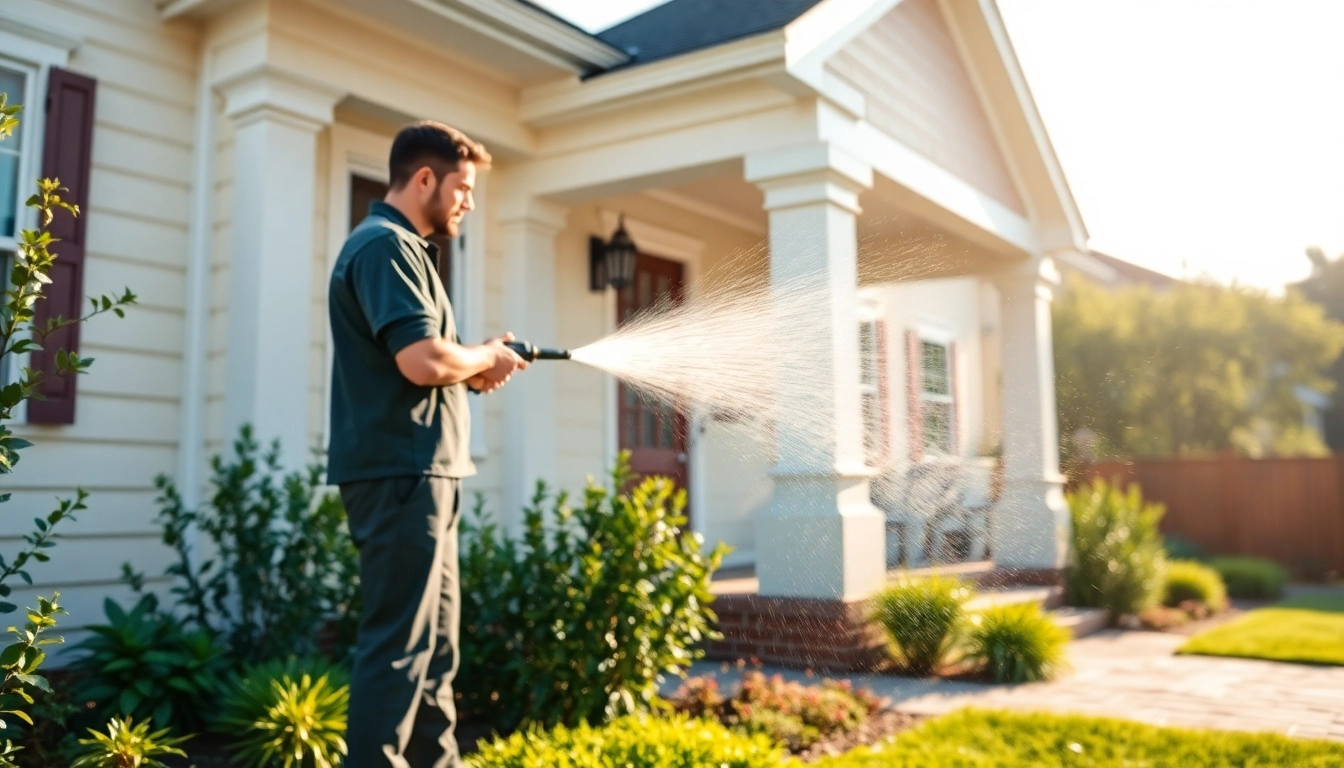 Technician performing House Washing service on a clean home exterior with bright surroundings.