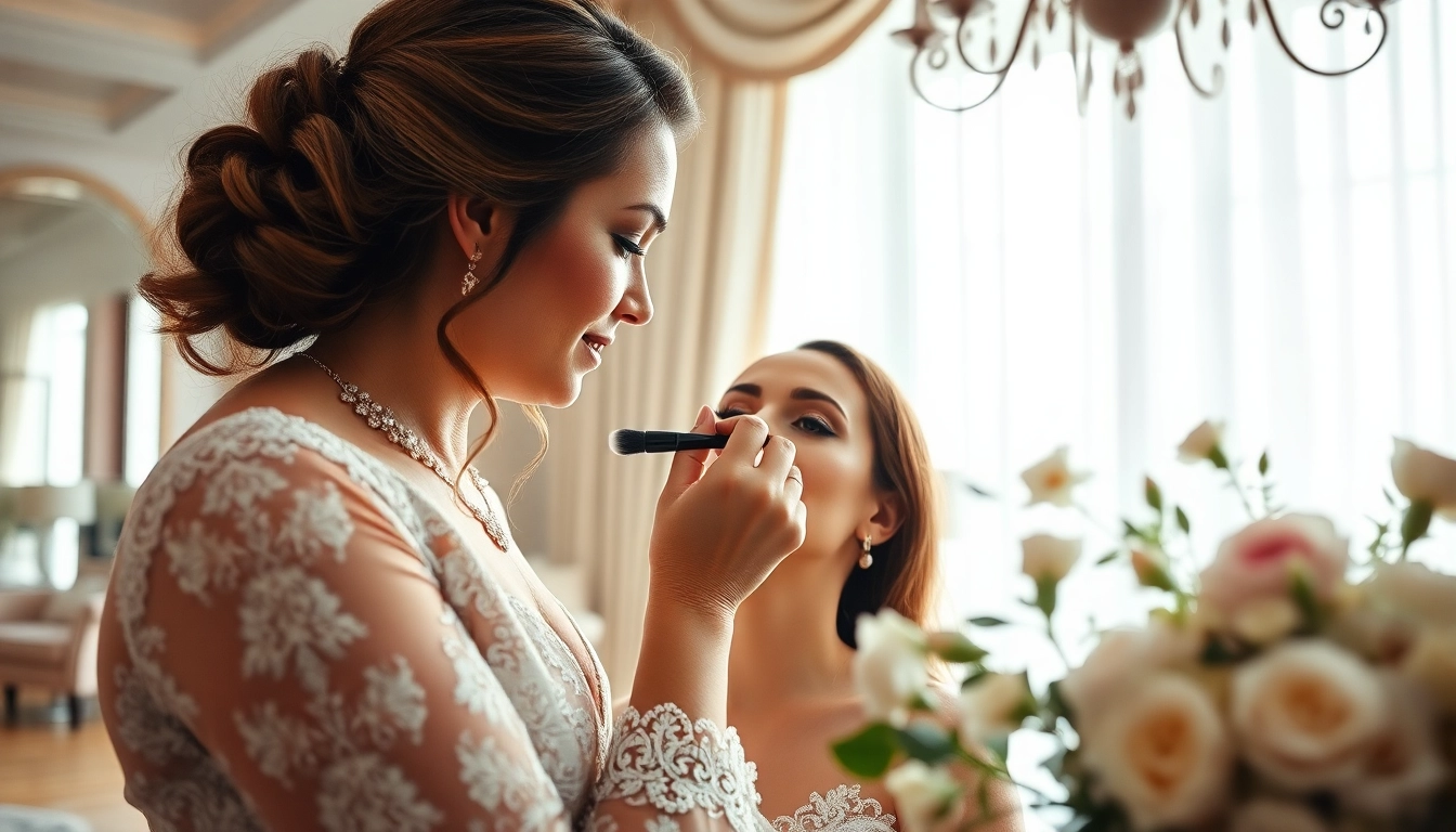Dallas bridal makeup artist enhancing a bride’s beauty in an elegant setting.