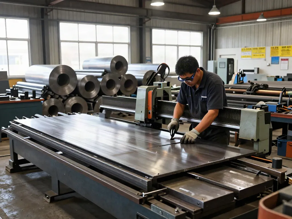 Miller Sheetmetal Inc's expert artisan shaping metal sheets in a busy fabrication workshop.