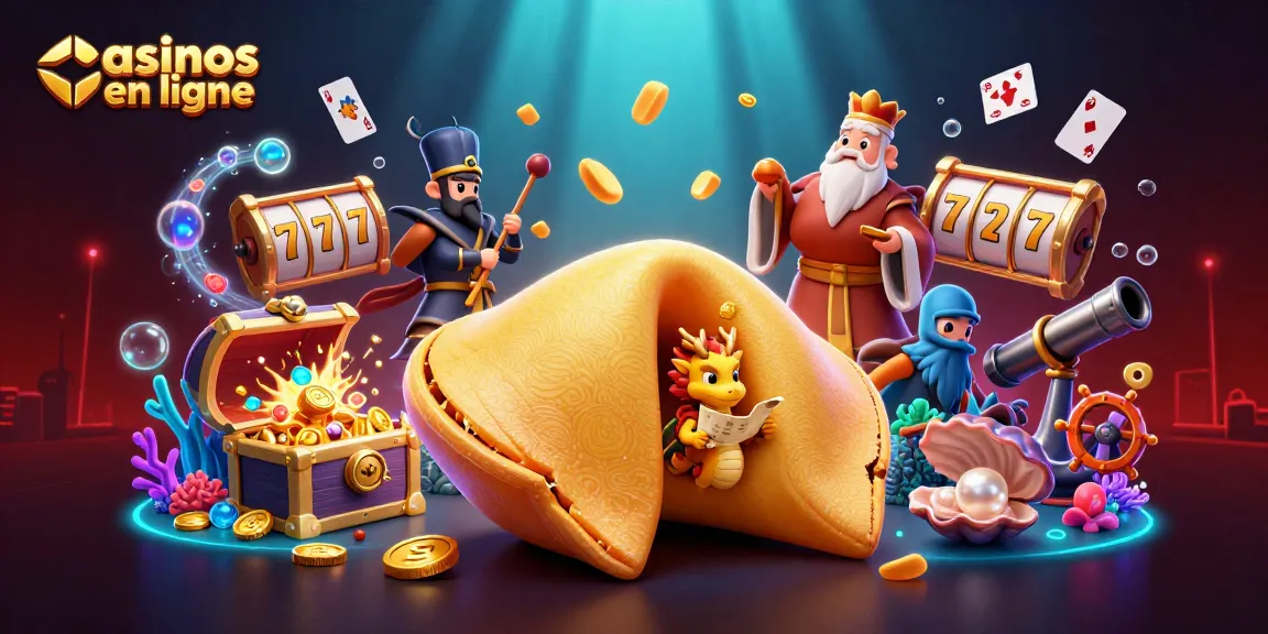 Illustration captivante de casinos en ligne avec un dragon sage, un cookie de fortune et des éléments de jeu.