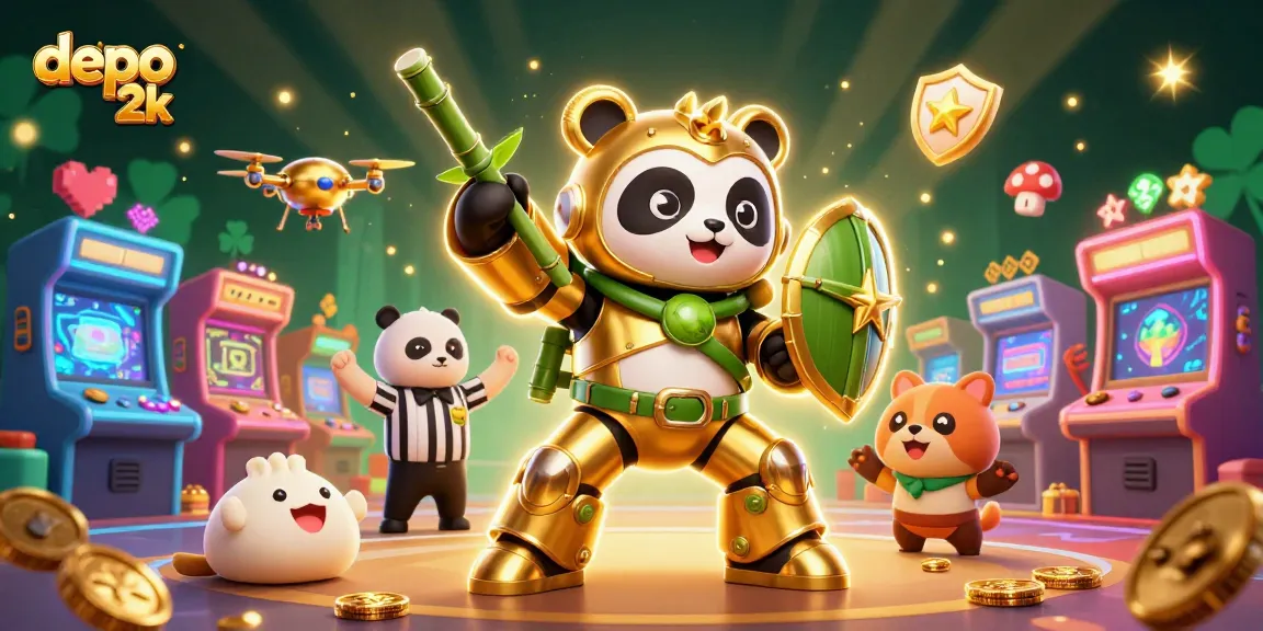 Menghadirkan pengalaman bermain dengan depo 2k di arena kasino yang penuh warna dan semangat, gambar menunjukkan panda emas mengemudikan robot bertema bambu.