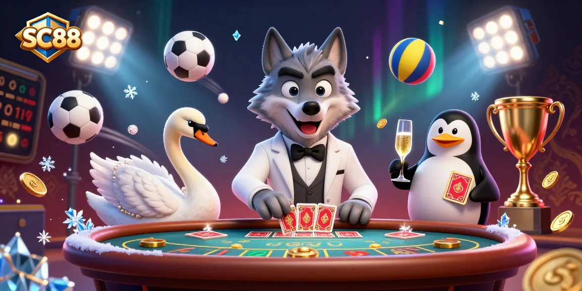 Experience the excitement of SC88 with a 3D dynamic casino scene featuring animated characters and vibrant elements.