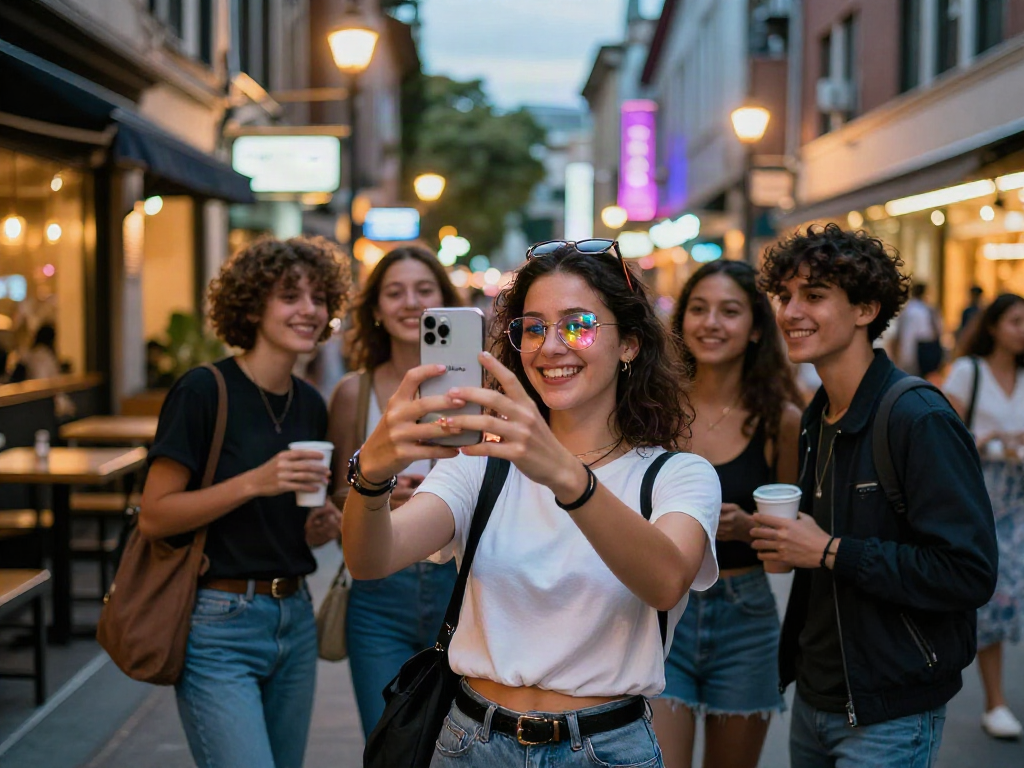 Woman smiling and taking a selfie, curious about how old do I look while enjoying city nightlife.