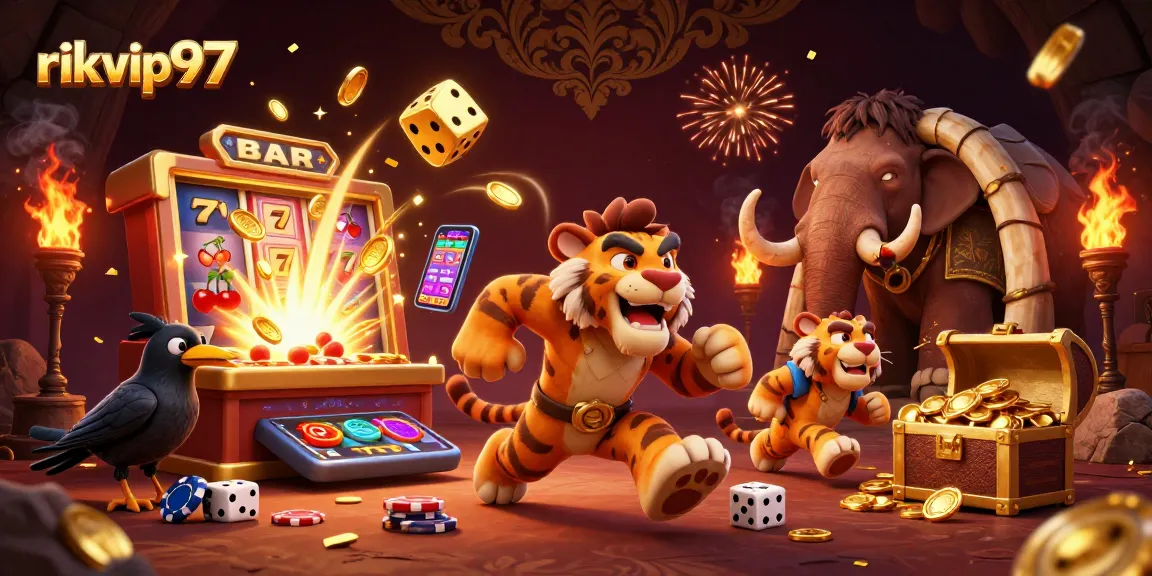 Engage with rikvip97's prehistoric casino featuring cavemen, a sabertooth tiger, and a clever crow.