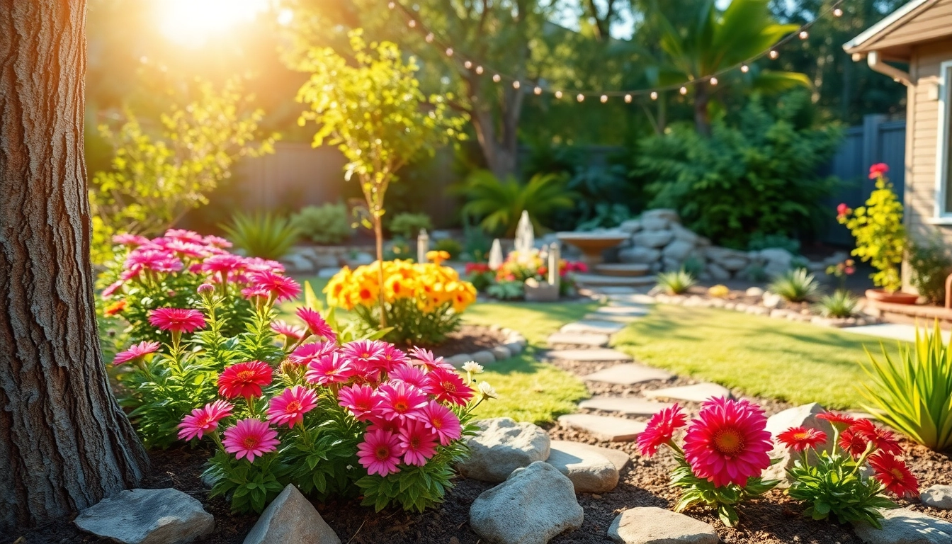 Innovative backyard landscaping showcasing vibrant flowers and lush greenery in a well-designed garden.