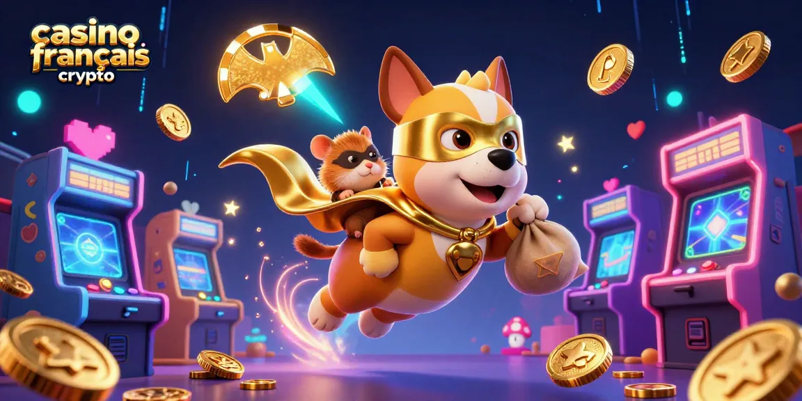 Visuel captivant d'un chien super-héros et d'un hamster dans un casino français crypto, entourés de machines de jeux colorées.