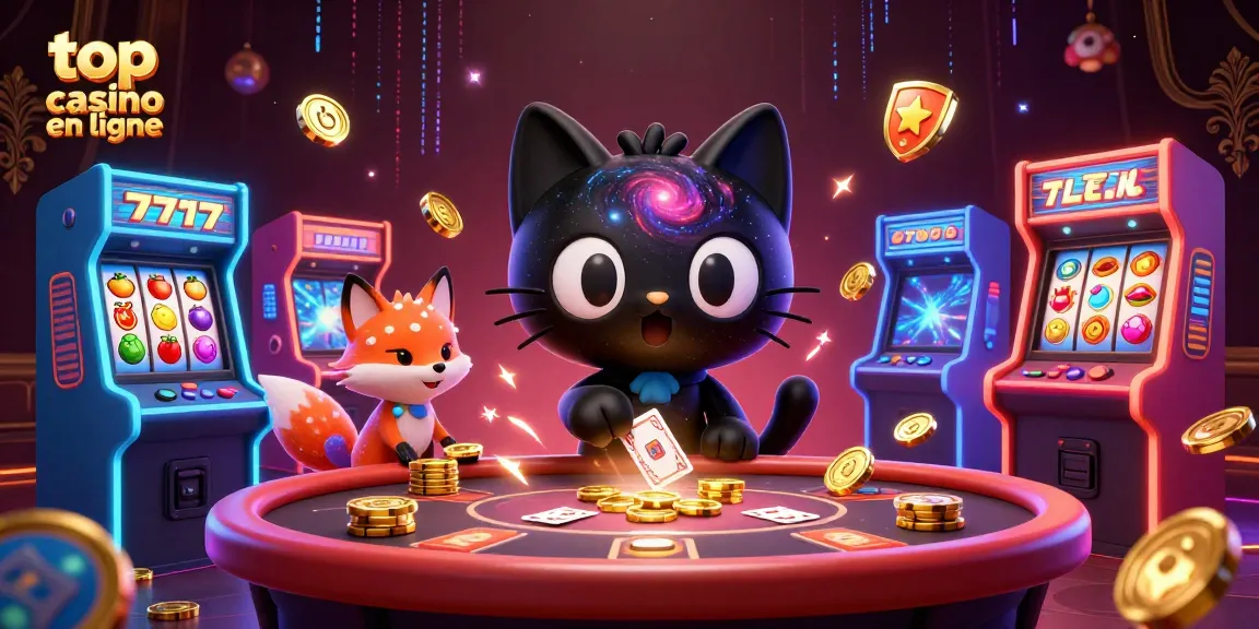 Découvrez le top casino en ligne avec des personnages captivants sur la table, entourés de machines de jeu colorées.