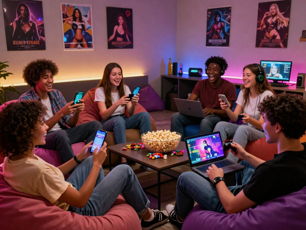 Friends enjoying sex games together in a cozy gaming lounge.